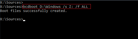 輸入[bcdboot D：\Windows /s Z： /f ALL]命令