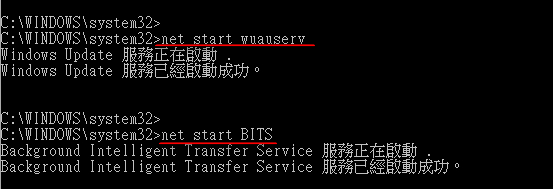 輸入Net start wuauserv、Net start bits命令