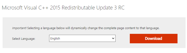 在瀏覽器視窗裡打開Microsoft Visual C 2015 Redistributable的官方下載界面
