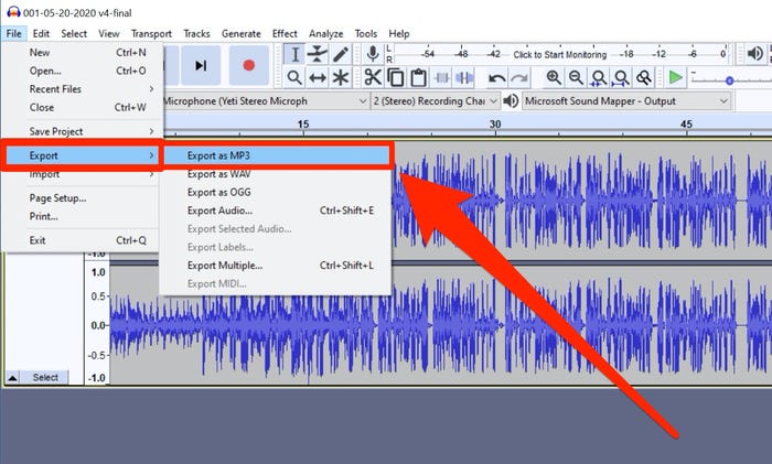 點選Audacity軟體上方的[File](檔案)按鈕，在下拉功能表中，點選[Export](匯出)，再點選[Export as MP3](匯出為MP3)
