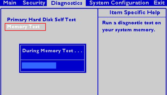 選擇[Diagnostics](診斷)>[Memory test]選項，按下[Enter]以開始執行診斷測試