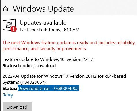 執行Windows更新時出現錯誤代碼0×80004002
