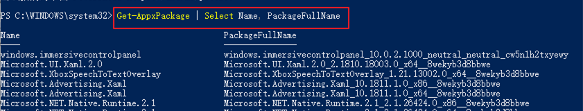 輸入命令《Get-AppxPackage | Select Name、 PackageFullName》並按下《Enter》鍵