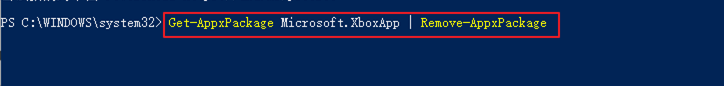 將Get-AppxPackage Microsoft.XboxApp| Remove-AppxPackage複製並粘貼 到PowerShell