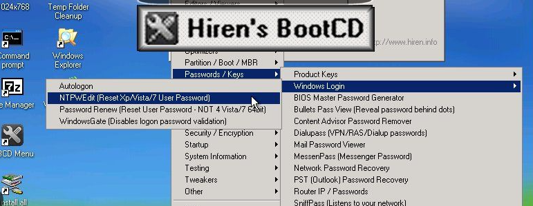 打開 Hiren’s Boot CD 菜單並導航至“Passwords / Keys（密碼/密鑰）”類別，選擇“密碼更新”工具