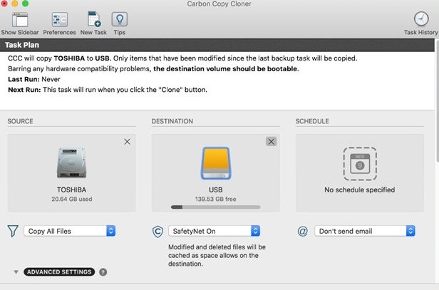 使用與 Mac 系統相容的 Carbon Copy Cloner 將作業系統複製到 SSD