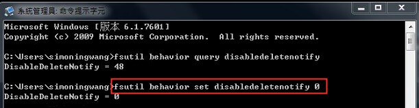輸入fsutil behavior set DisableDeleteNotify 0命令