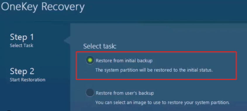 您的 ThinkPad 將啟動進入「一鍵恢復」模式。您將看到一個帶有兩個選項的畫面： “Restore from initial backup”或“Restore from user backup”