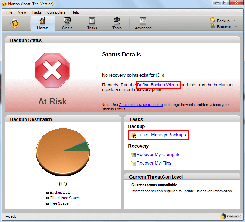 在 Norton Ghost 中，按一下“ Backup ”並選擇“Full Drive Backup ”。