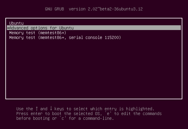 使用箭頭鍵導航至Advanced options for Ubuntu”，然後進入“ Recovery mode ”